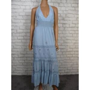 $300 Sky Blue Smocked Boho Silk Embroidered Tiered Halter Maxi Dress XS NEW